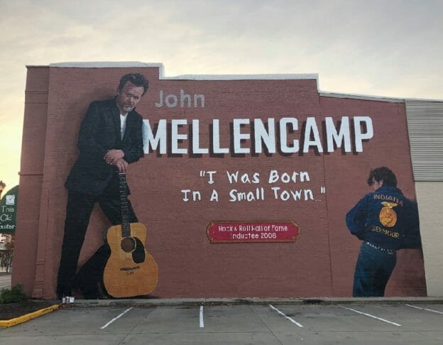 Artist, Mural, Seymour, Indiana, Pamela Bliss, John Mellencamp, Jim Steele, https;//www.Jimsteeleathor.com, https://www.mellencamp.com/, www.PamelaBliss.Gallery, https://thisoldguitarmusicstore.com/